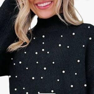 George Black Knit Mock Neck Sweater with Pearl Embellishments
